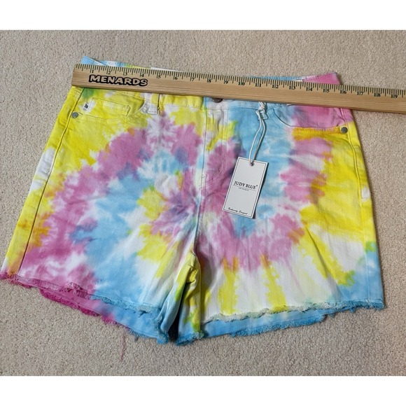 Judy Blue Womens L Tie Dye Denim Shorts Stretch NWT Blue Green Yellow Pink - Picture 2 of 7